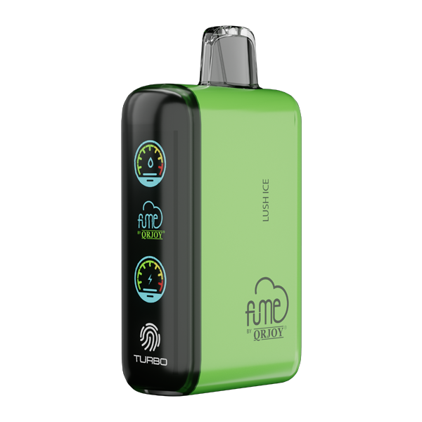 A close-up shot of a Raz Fire and Ice vape device being held, showing the digital display and e-liquid level, with a blurred background of a vape shop. Alt text: raz fire and ice vape device with digital display