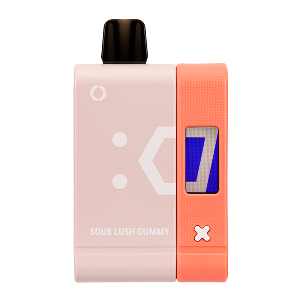 Cross-section diagram of a white peach lemon head vape device showing mesh coil, dual chamber, and battery components